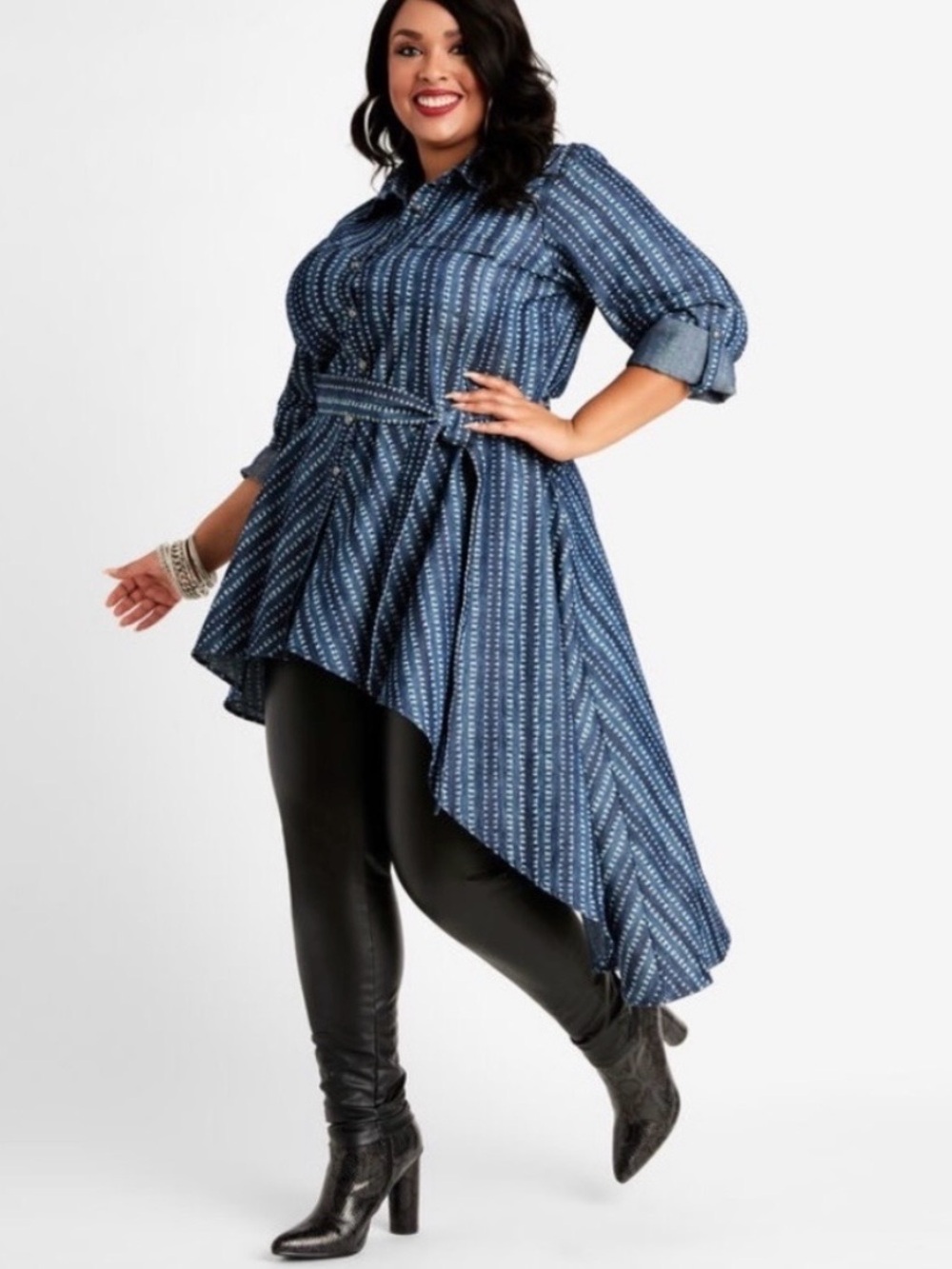 Ashley Stewart Navy Patterned Chambray Belted Asymmetric High-Low Shirt Dress XL